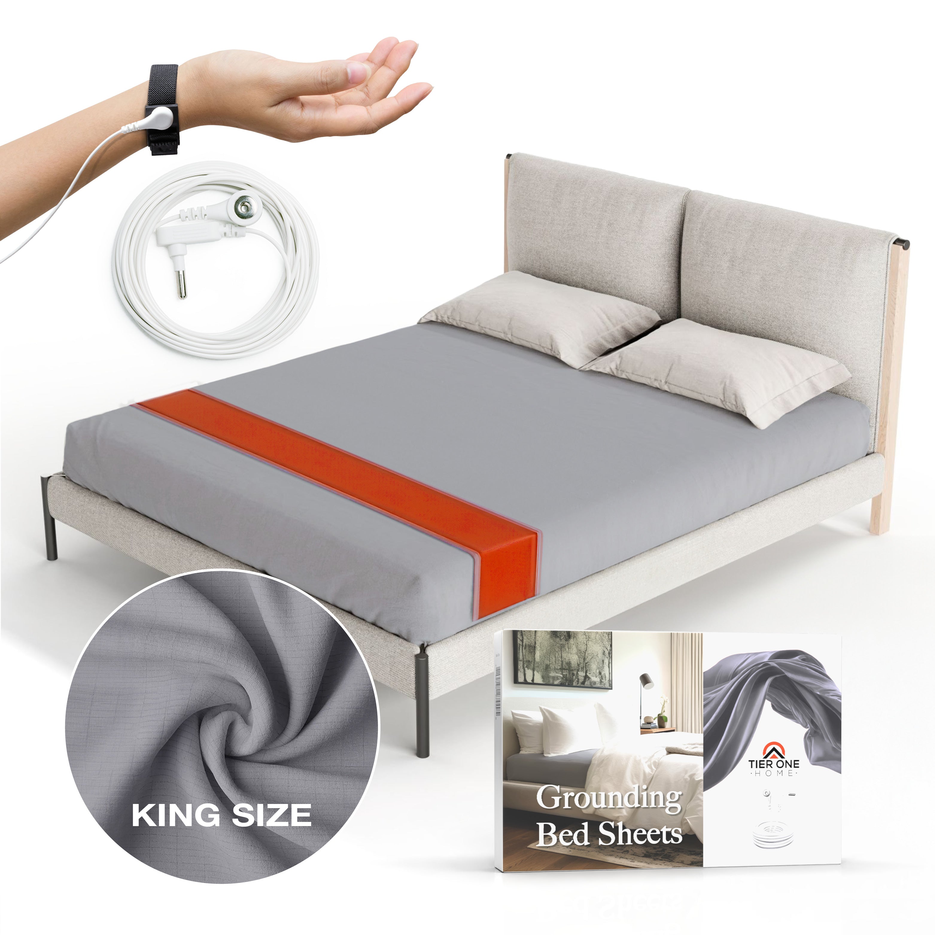 Fitted Grounding Sheets for Earthing, 5% Silver Fiber + 95% Certified Organic Cotton for Better Sleep and Pain Relief. Deep Pockets. Includes Grounding Wristband & Cords